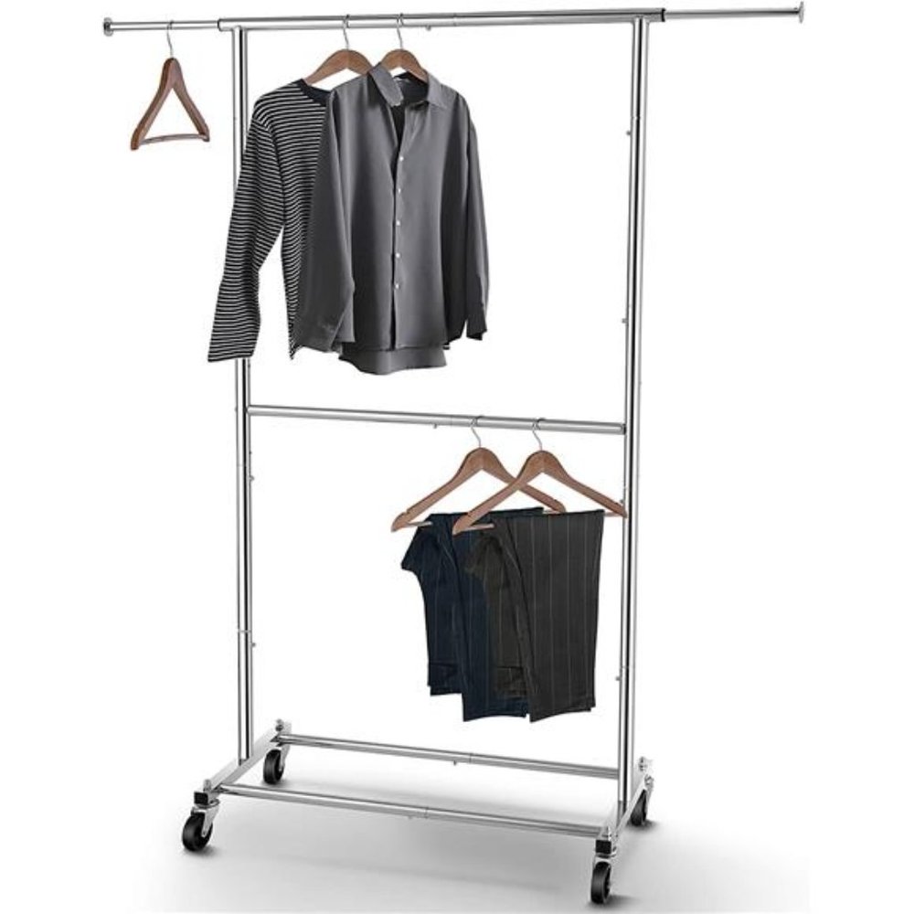 Double Rod Clothing Garment Rack,Rolling Clothes Organizer on Wheels for Hanging